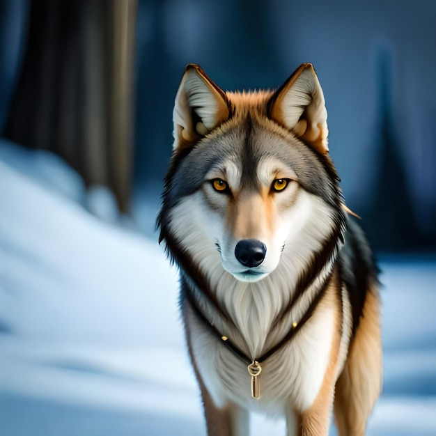 A dog with a collar that says'wolf'on it