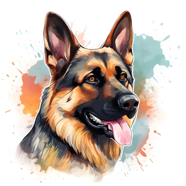 A dog with a colored background that says german shepherd on it.