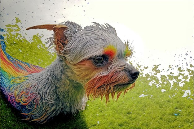 Foto un cane con una faccia colorata e un cappotto bagnato di capelli