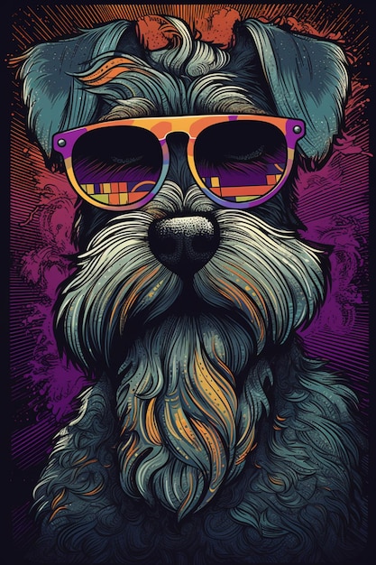 A dog with a colorful glasses and a purple background.