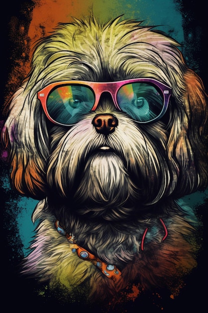 A dog with a colorful glasses and a rainbow colored background.