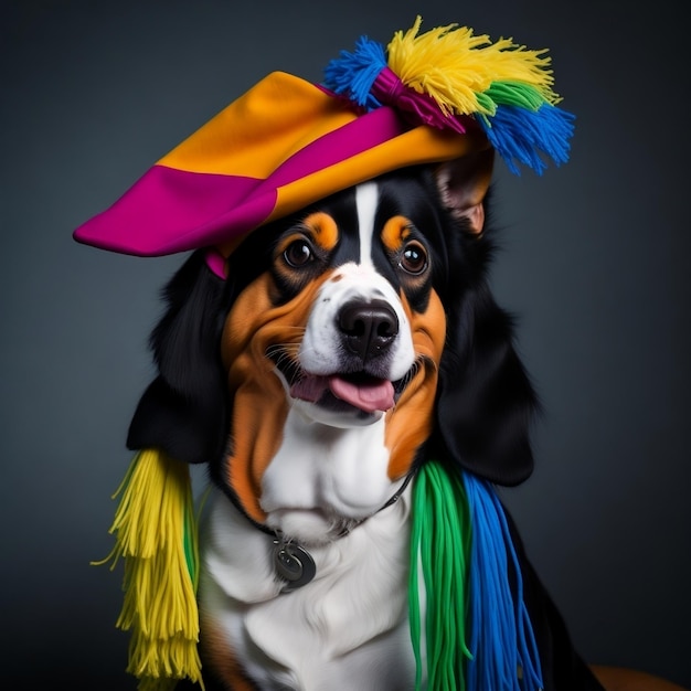 A dog with a colorful hat and a tassel on it