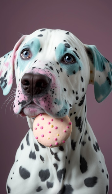 A dog with a cookie in its mouth