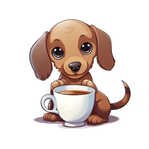 a dog with a cup of coffee and a picture of a dog and a cup of coffee.