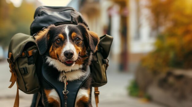 Dog with a cute backpack going on an adventurous hiking trip in the outdoors during autumn exploring nature and enjoying an active lifestyle as a loyal furry companion