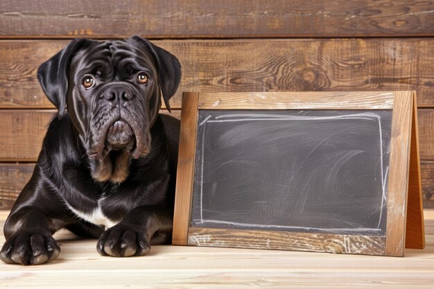 Photo dog with defocused chalkboard on wood background black mastiff