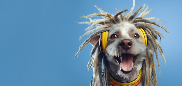 Dog with dreadlocks and headphones on a blue background Banner copy space
