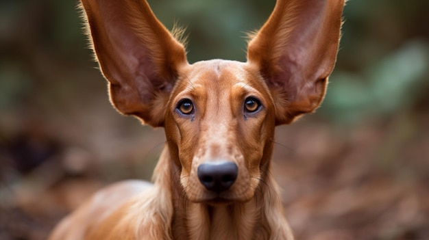 A dog with ears up and ears that say dachshund.