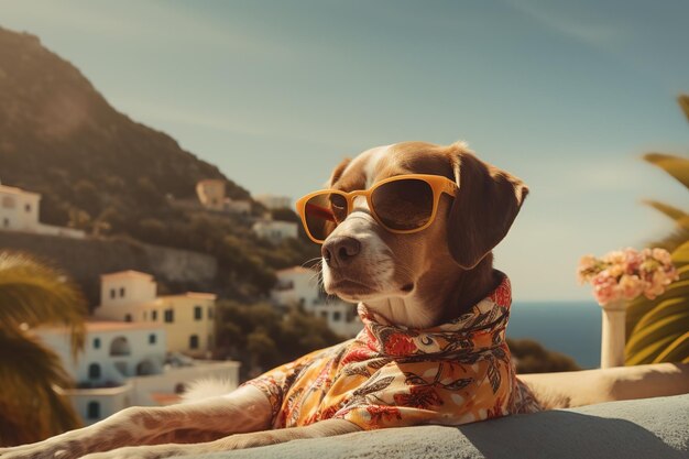 Foto un cane con gli occhiali da sole alla moda è sdraiato sul tetto in viaggio sulla spiaggia estate