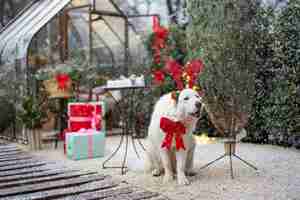 Photo dog with festive deer horns and bow at backyard decorated for winter holiidays