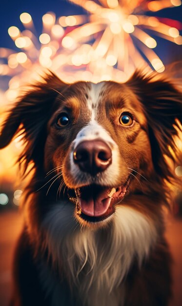 A dog with fireworks in the background generative ai