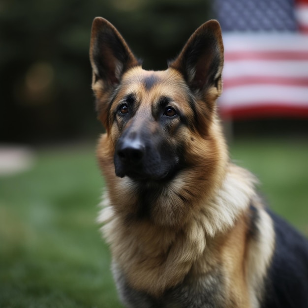 Photo a dog with a flag in the background