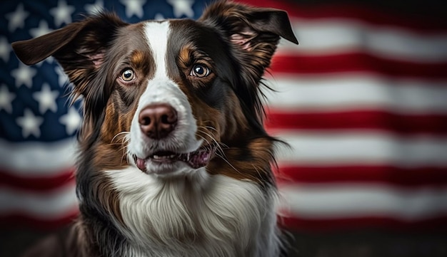 A dog with a flag behind it