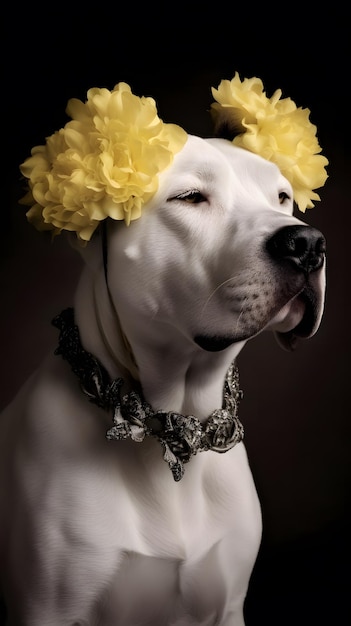 A dog with a flower crown on his head