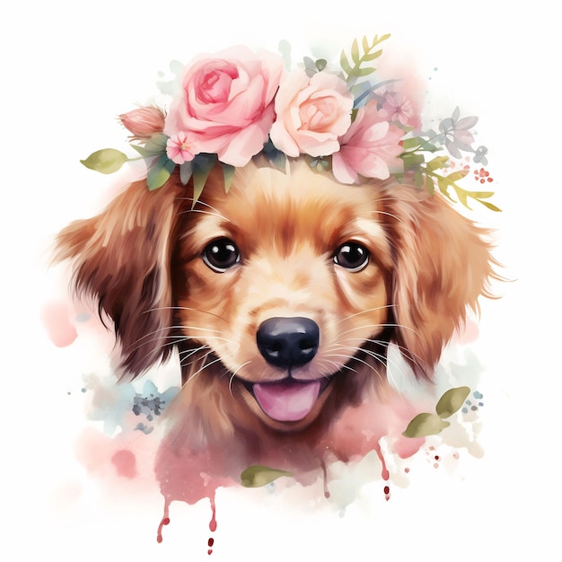 a dog with a flower crown on its head