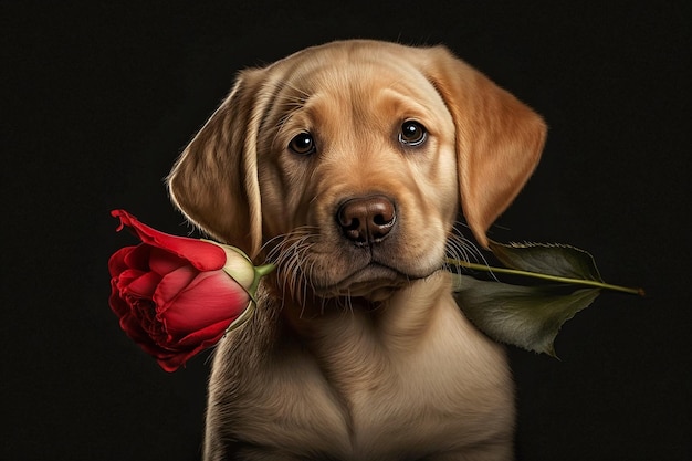 A dog with a flower in his mouth