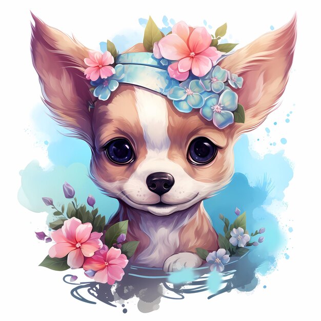 a dog with a flower wreath on his head