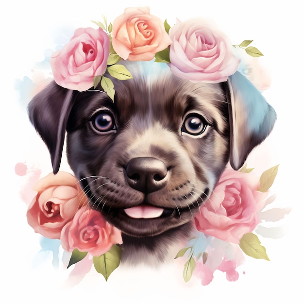 a dog with a flower wreath on his head