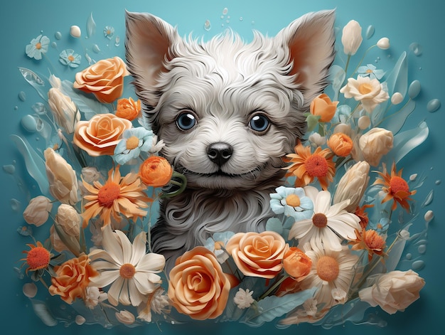 dog with flowers painting