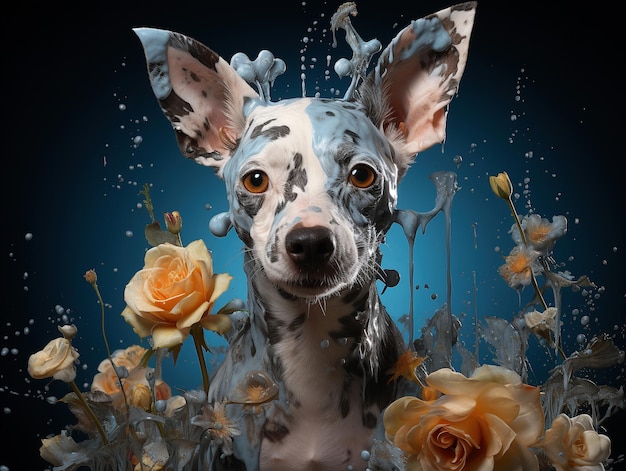 собака с цветами картина