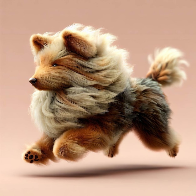 ふわふわの尻尾をした犬が空を飛んでいます。
