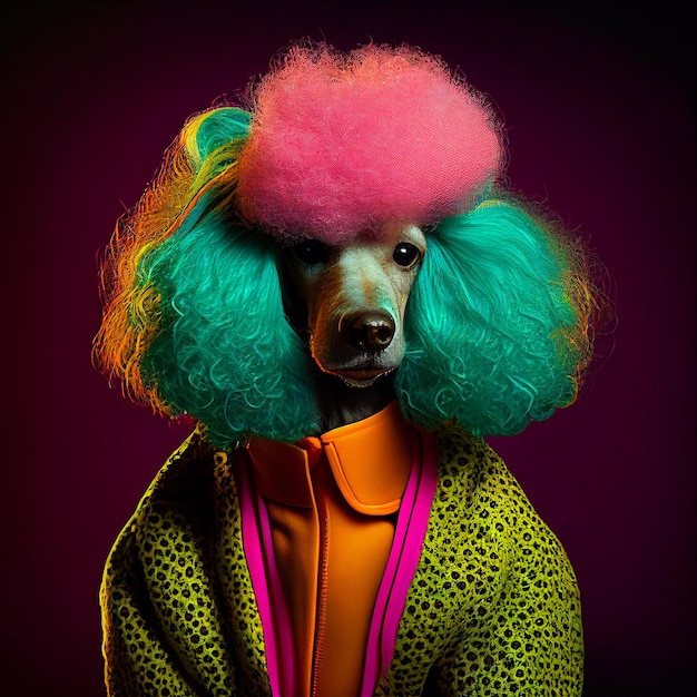 A dog with a freckles and pink hair is wearing a jacket with a neon green and pink collar.
