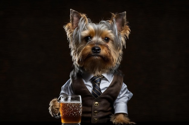 A dog with a glass of beer