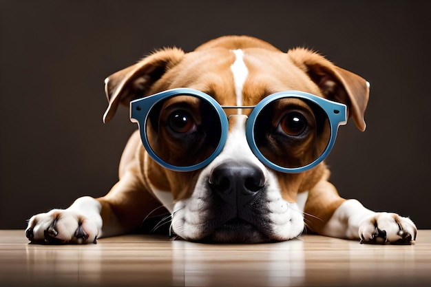 A dog with glasses on and a black background