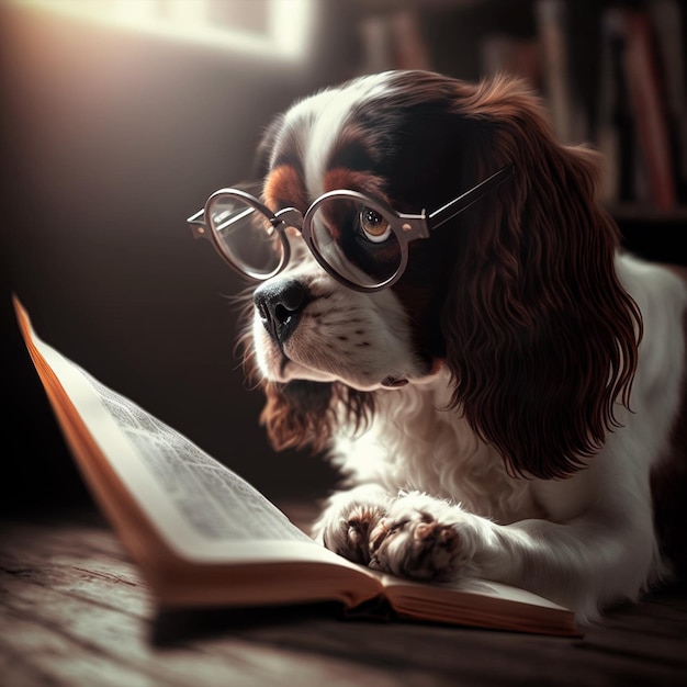 Photo dog with glasses reading book