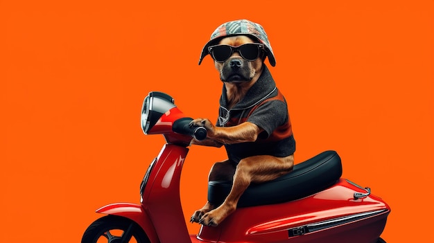 안경을 입은 개가 오렌지색 배경의 오토바이에 앉아 있다