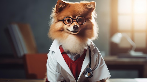 A dog with glasses with a stethoscope in a red jacket and a doctor's suit on a dark background Pet