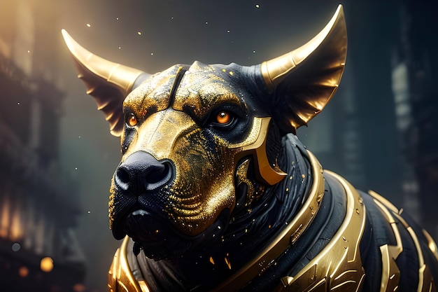 A dog with gold and black markings and a gold face