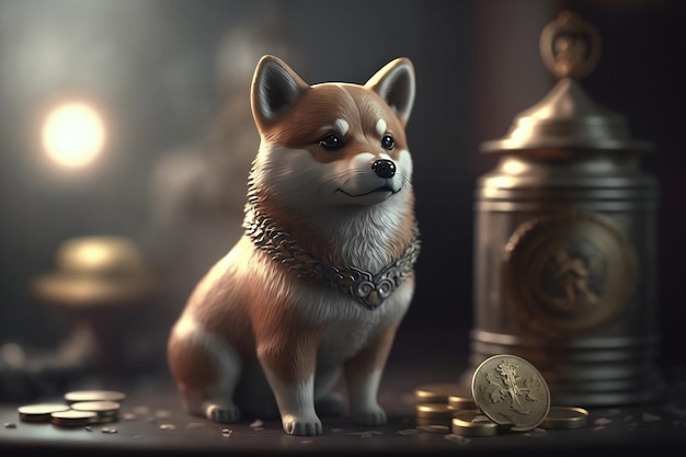 A dog with a gold coin next to it