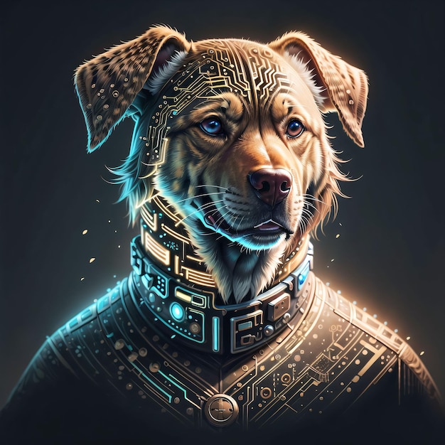 A dog with a gold collar and a blue eyes is standing in a dark room