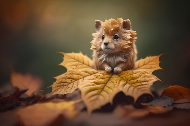 A dog with a golden fur sits on a leaf