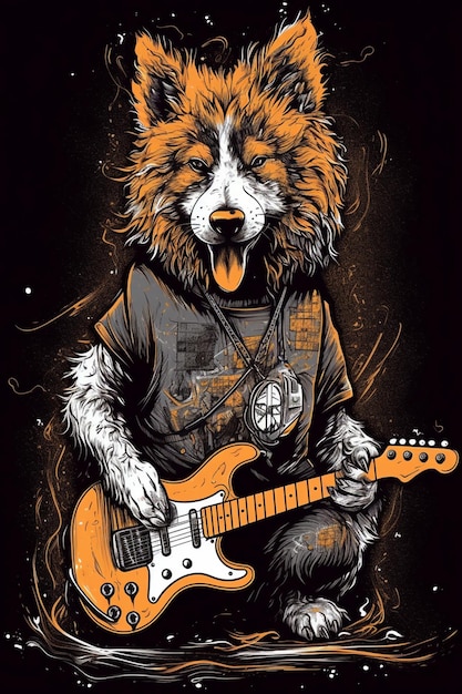 A dog with a guitar on his shirt.