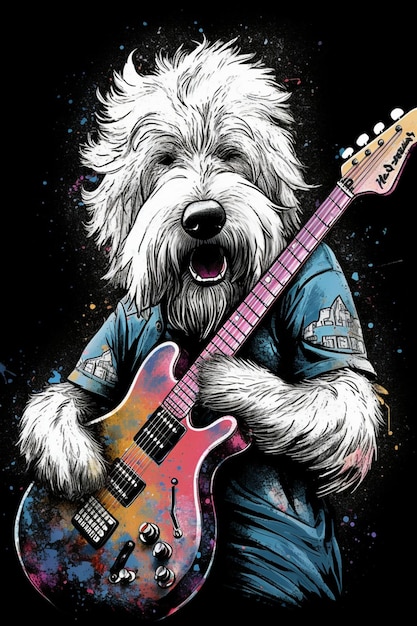 A dog with a guitar is playing a guitar.