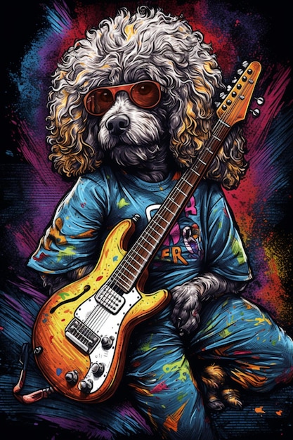 A dog with a guitar wearing sunglasses and a shirt that says'i love you '