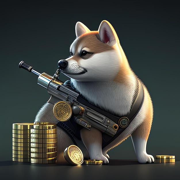 銃と銃を持った犬が金貨の山の隣に立っています。