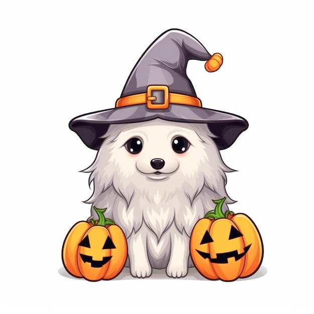 ハロウィンの帽子と南瓜をかぶった犬