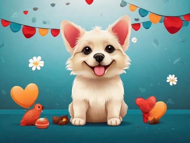 a dog with a happy expression sits in front of a blue background with hearts and birds