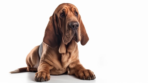 A dog with a harness on and a white background