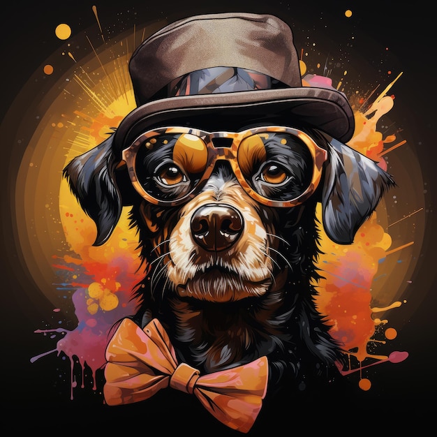 a dog with a hat and glasses and a bow tie.