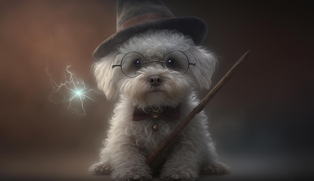 A dog with a hat and glasses is sitting with a wand in his hand.