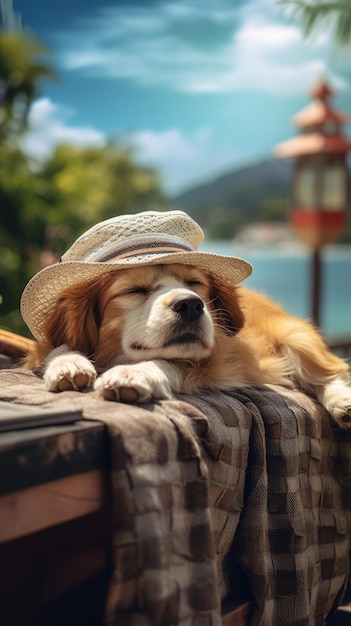 A dog with a hat is lying on the roof traveling at the beach