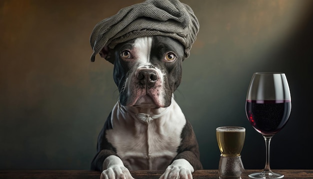 A dog with a hat sits at a bar with a glass of beer.