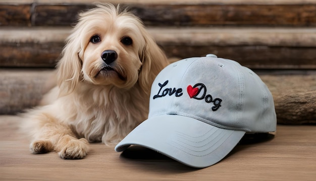 Photo a dog with a hat that says love dog on it