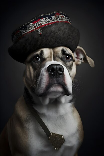 A dog with a hat that says'the word french'on it