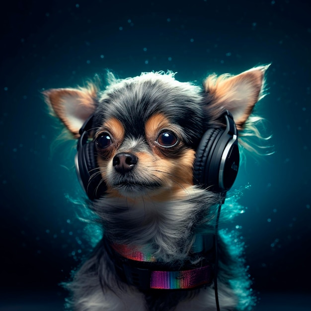 A dog with headphones on and a colorful collar.