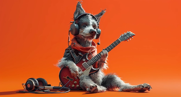 Foto un cane con le cuffie e una chitarra